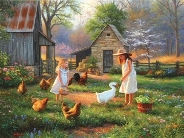 Mädchen mit Gans Huhn am Abend Haustier Kinder Ölgemälde